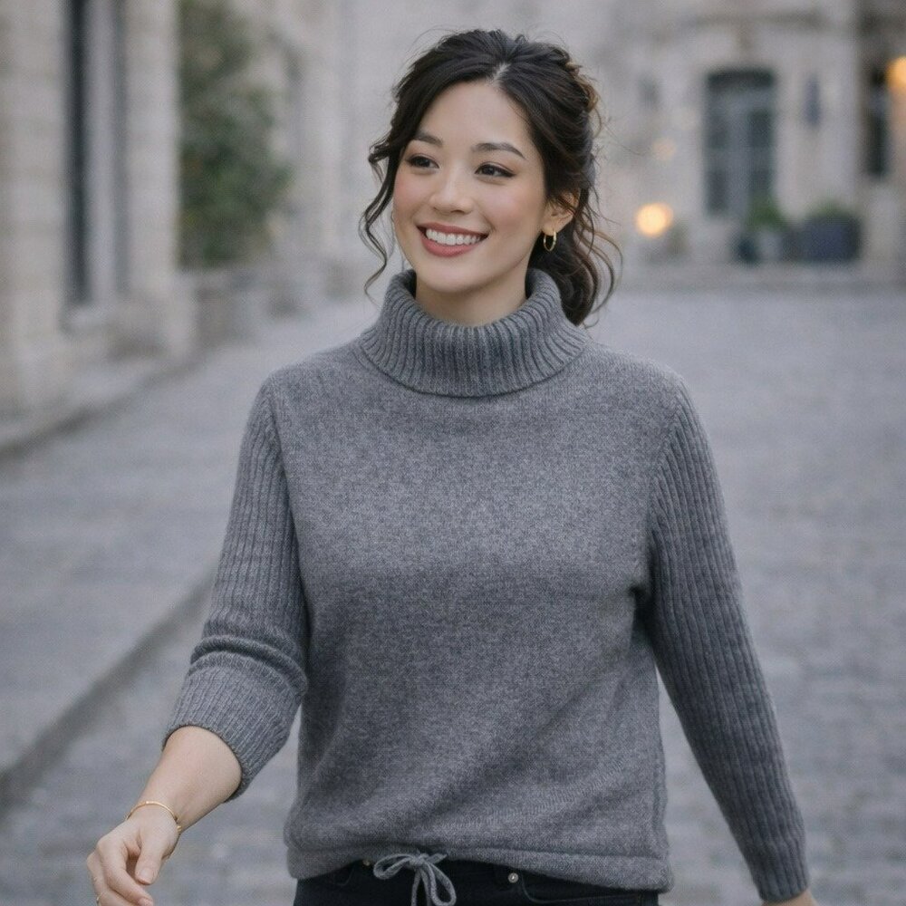 Casual Corner Italian Merino Wool Ribbed Turtleneck Sweater  Womens Gray Drawstr
